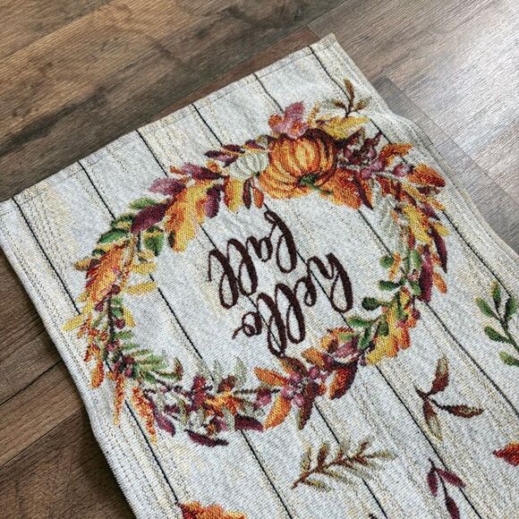 Hello Fall Autumn Table Runner Tapestry Fabric 12x64 great pre-used condition - Picture 8 of 13